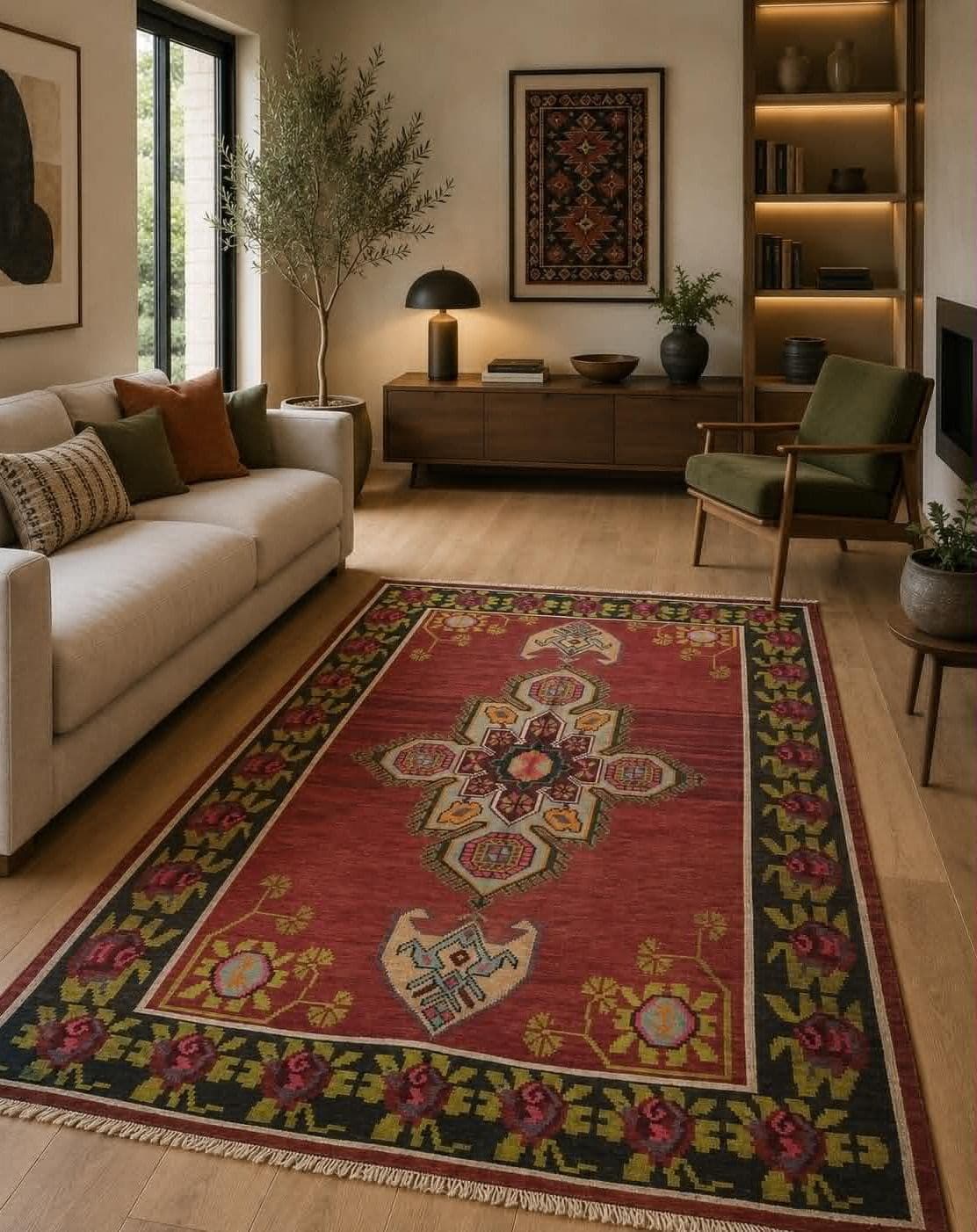Red oriental carpet in a contemporary living room